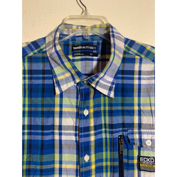 Ecko Unltd Button Up Shirt Short Sleeve Plaid Skater Street Y2K Casual Cotton 3X - Picture 3 of 5